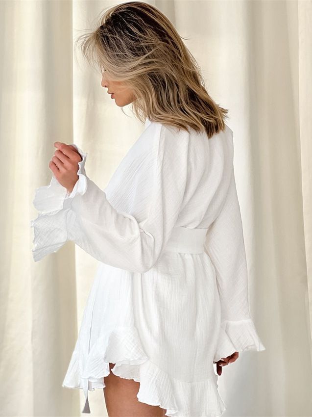 Women's Fashion Casual Cotton Crepe Long Sleeve Shorts Suit