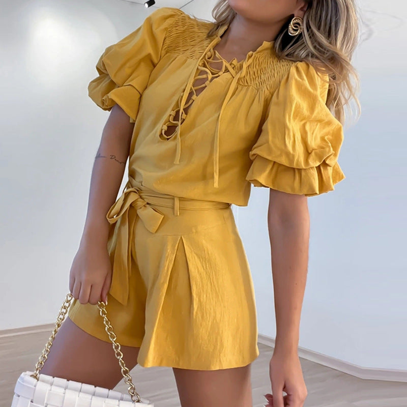 Women's Fashion Solid Color Stand Collar Oversleeves Shirt Top Shorts Two-piece Set